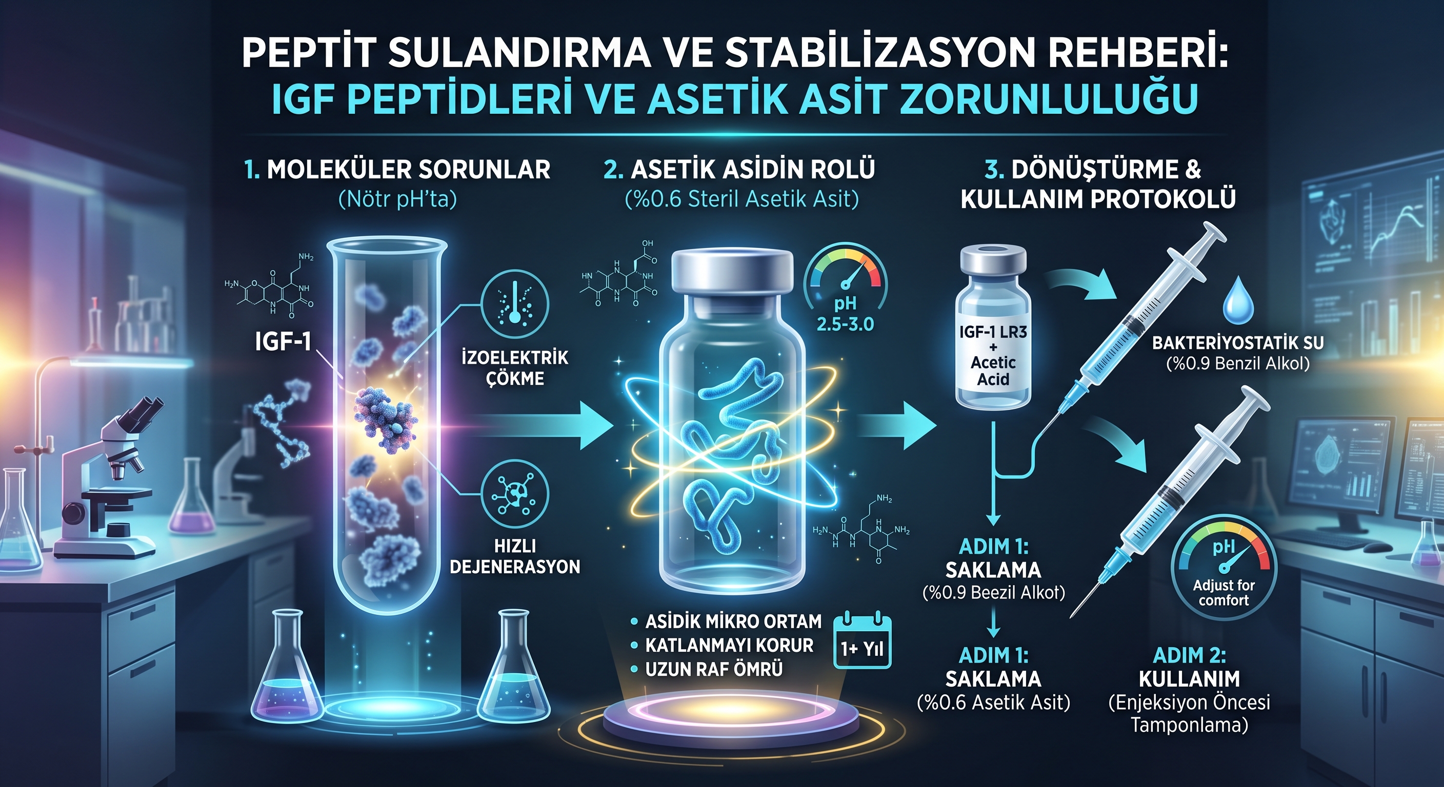 IGF Peptidleri Neden Sadece Asetik Asit ile Sulandırılır? Moleküler Biyoloji ve Rekonstitüsyon Rehberi